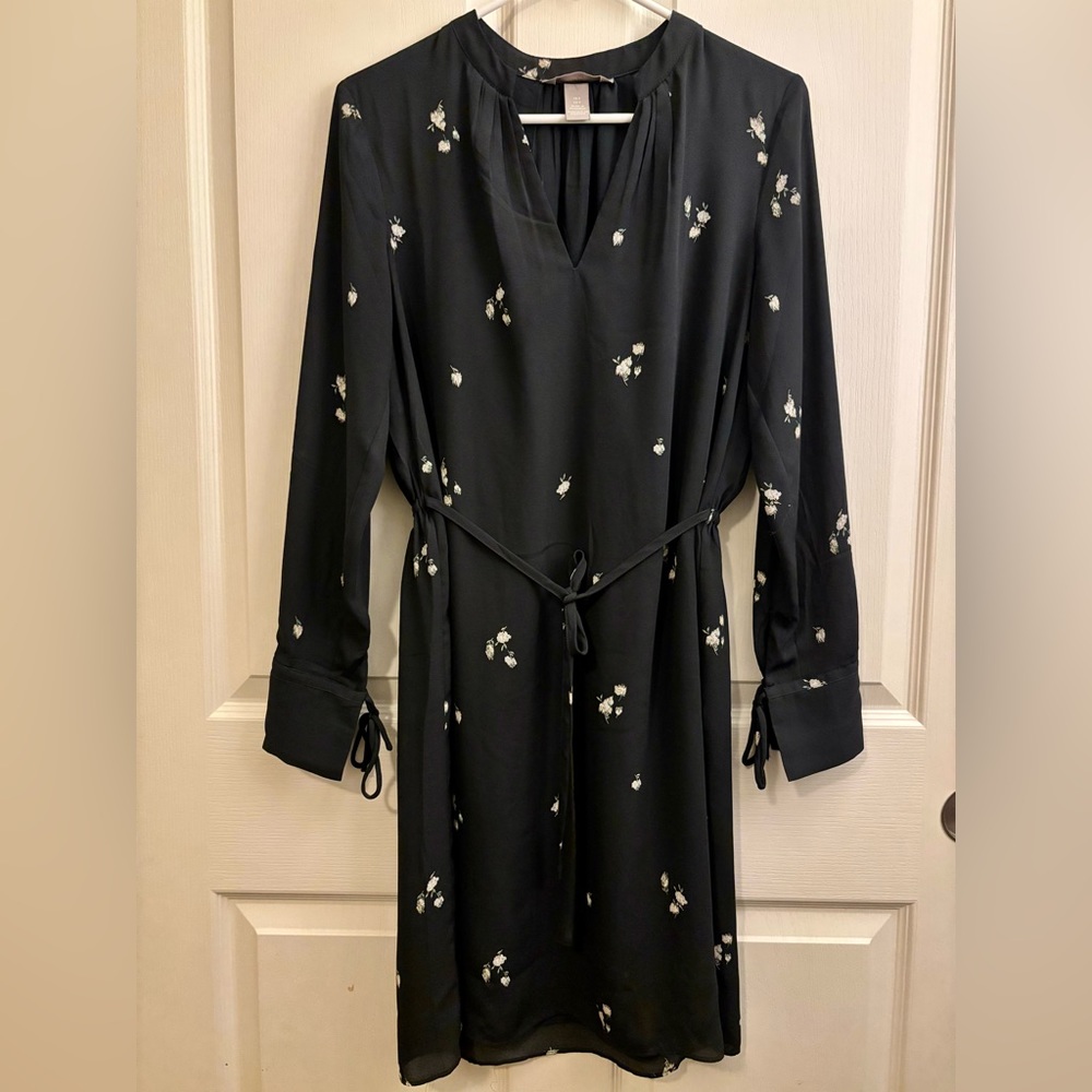 H&M floral chiffon midi dress with long sleeves, v-neck, tie front